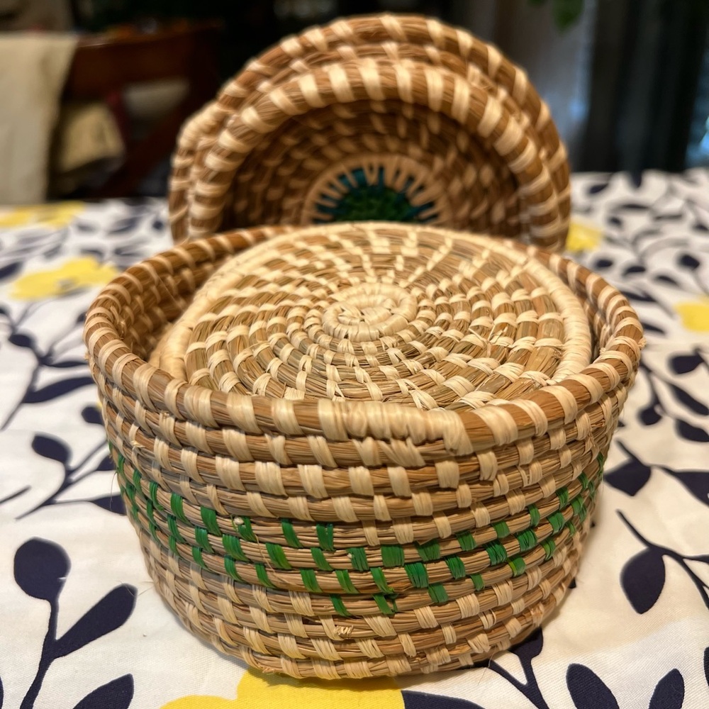 Handwoven Natural Basket with Green Accents and 4 coasters.